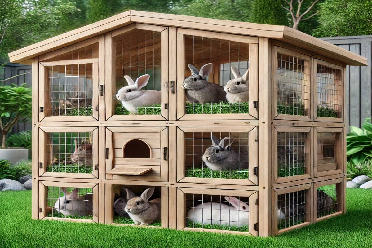 Un grand clapier modulaire en bois installé dans un jardin, bien intégré à l'environnement naturel, avec des lapins visibles à l'intérieur ou autour